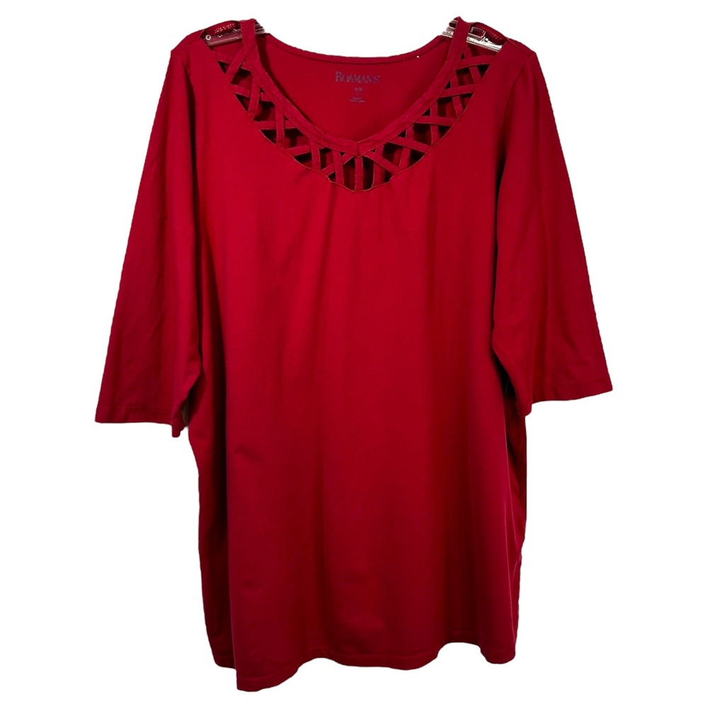 Roamans Plus Size 18W 20W Top Large Solid Red Cutout Neckline 3/4 Sleeve‎ 174